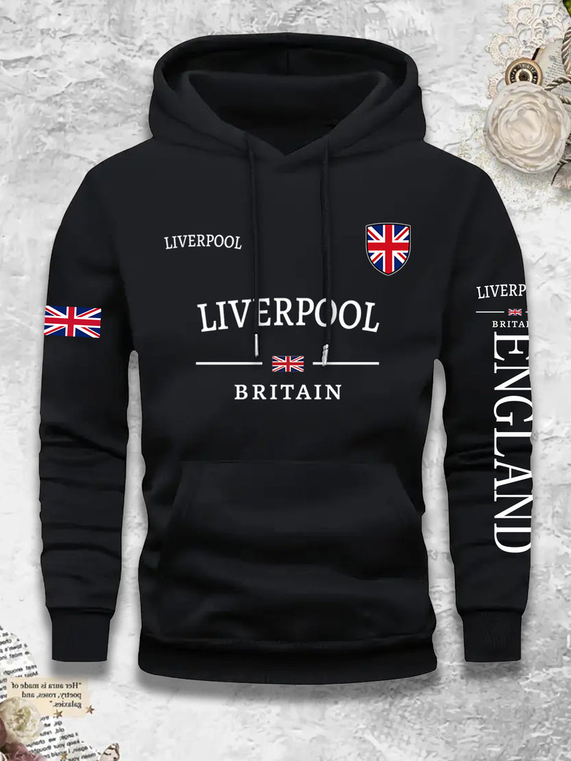 Men's Casual Versatile -Lined Hooded Sweatshirt with British Flag Print.