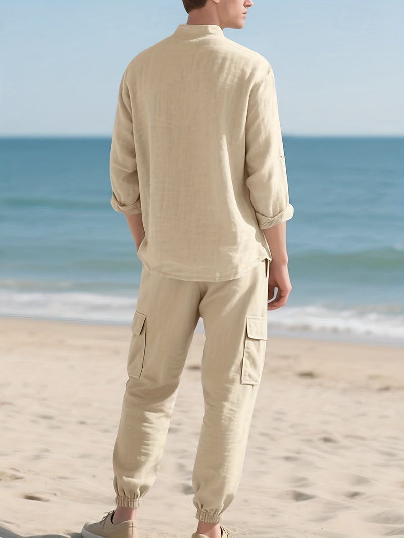 Men's Solid Color -Linen Suit, a Two-Piece Set for Sporty Comfort.