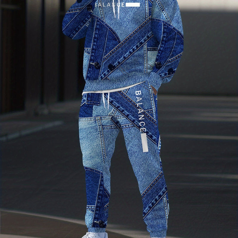 New Blue Denim Patchwork Style Pattern Digital Print Sportswear Set Hooded.
