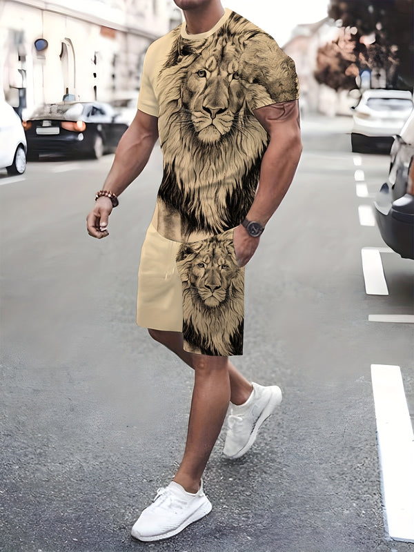 Men's Casual Summer Fitness Outfit, Featuring a Lion Graphic T-Shirt.