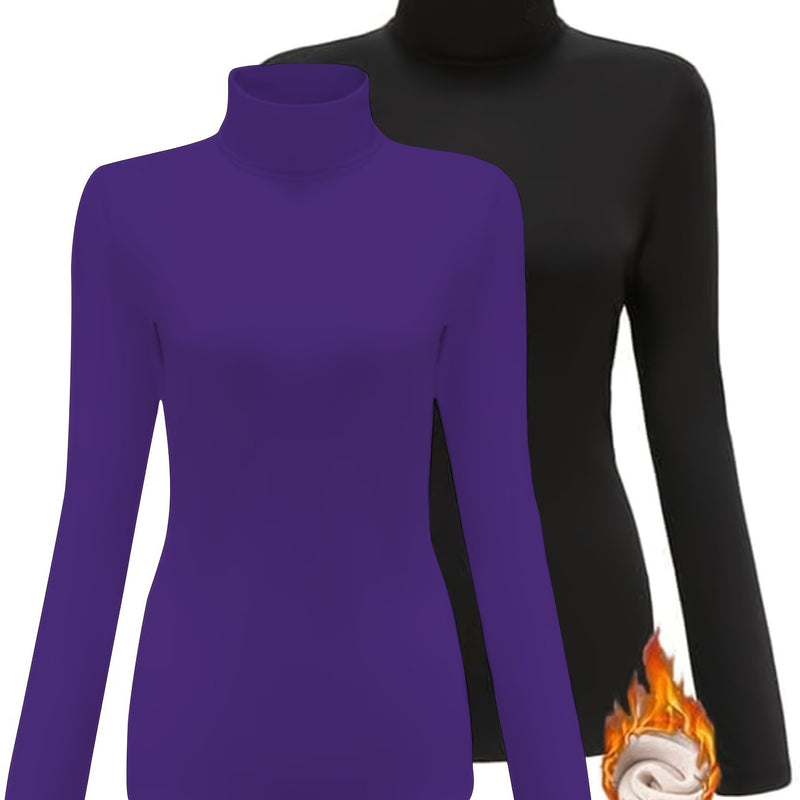 Women's High Collar T-Shirt Autumn And Winter Fleece Lining Warm Long-Sleeved.