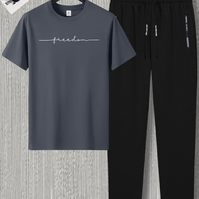 Men's Summer Design Short-Sleeve Set with Stylish Line Prints Paired.