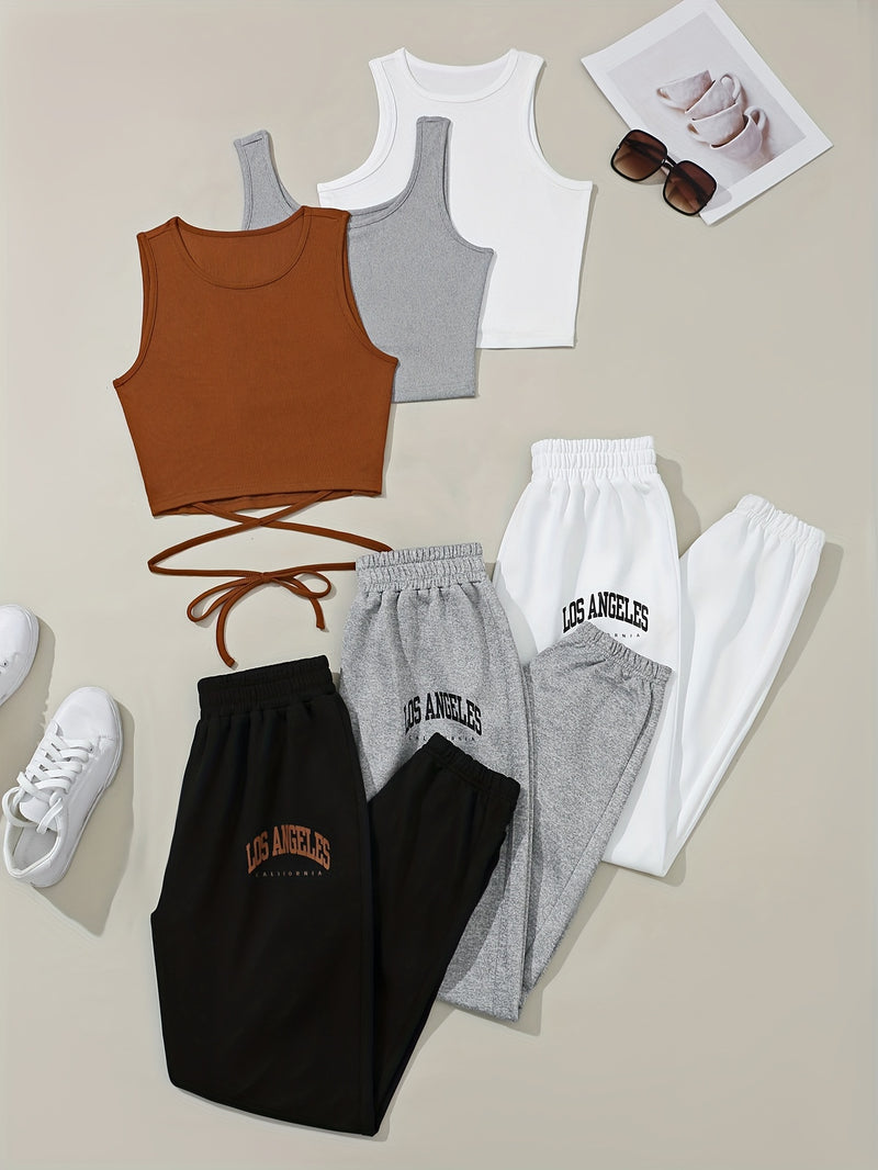 A Set of 3 Different Styles of Tank Tops and Pants for Women.