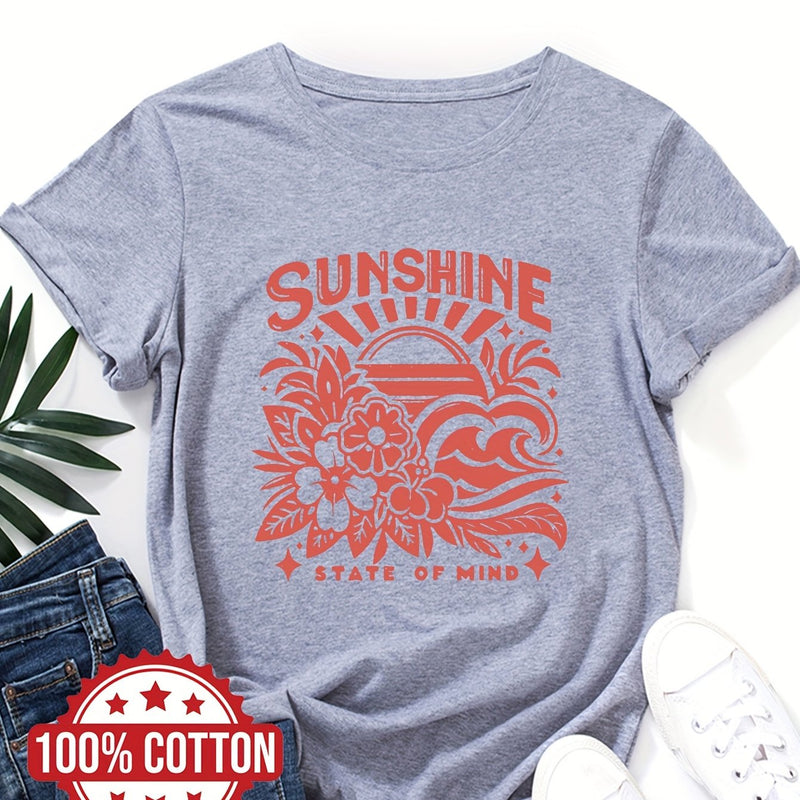 Women's Casual Crew Neck T-Shirt with "SUNSHINE" Graphic Print.