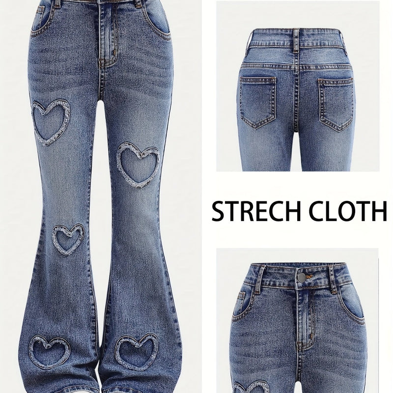 Women's Stretchy Personalized Ripped Heart-Decorated Flared Pants.