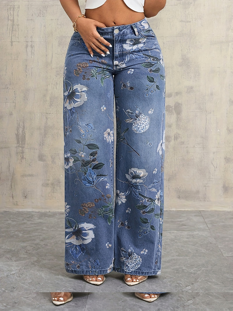 Vintage Floral Print Wide-leg Jeans for Women.
