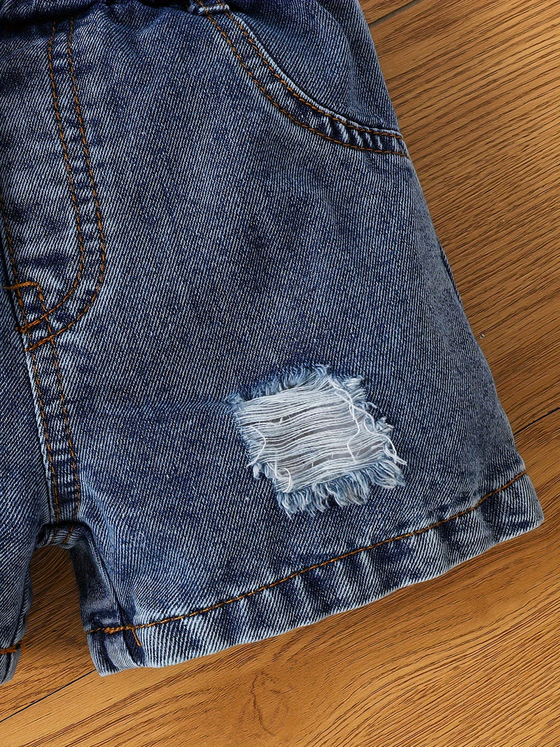 Baby Girl Round Neck Cartoon Girl Letter Pattern Top Casual Denim Shorts.