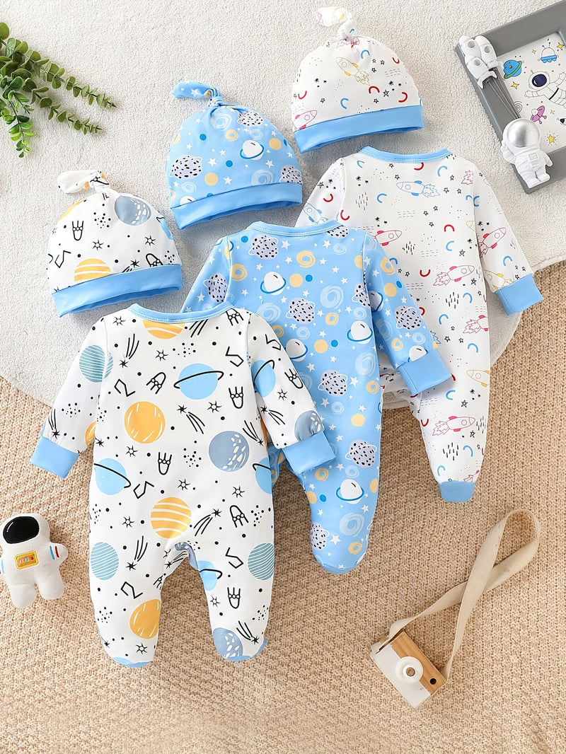 A Set of Three Cute Cartoon-Patterned Footed Onesies with Hats.
