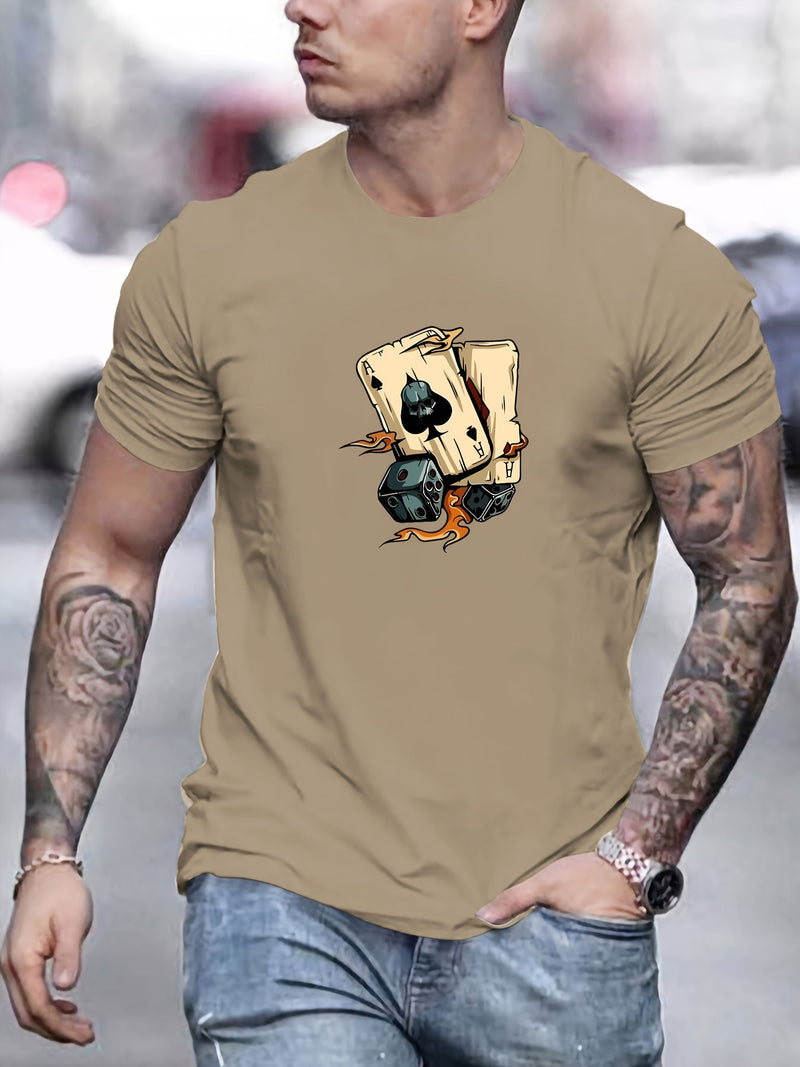 Men's Poker Card Pattern Summer Casual Crew Neck Short T-Shirt.