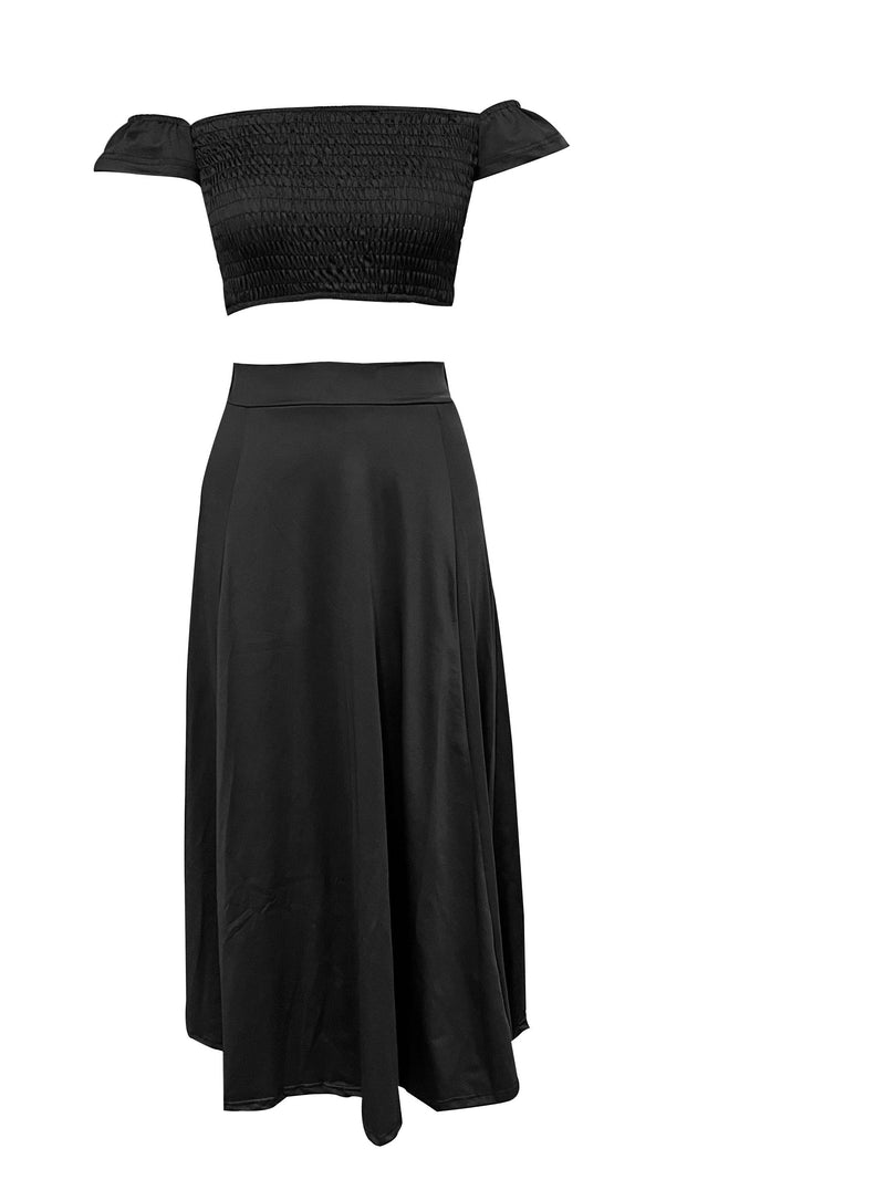 2pcs Women’s Off Shoulder Crop Top & Floral Print Skirt Outfits.