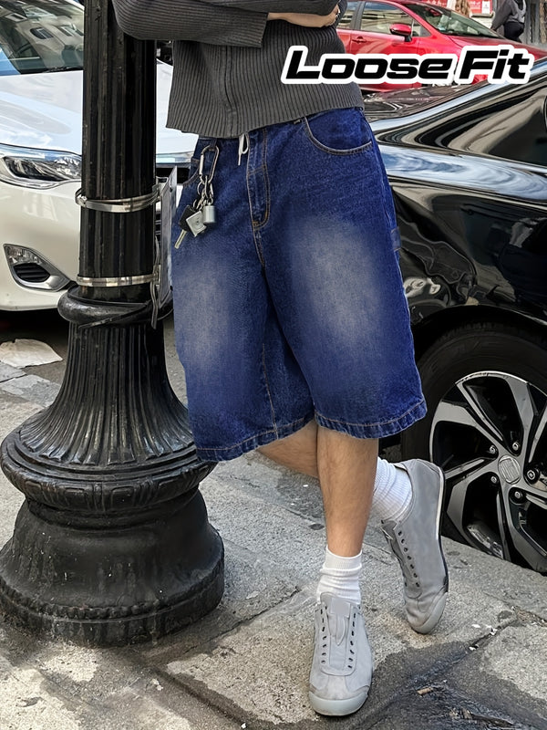 Men's Vintage Distressed Loose Fit Denim Shorts.