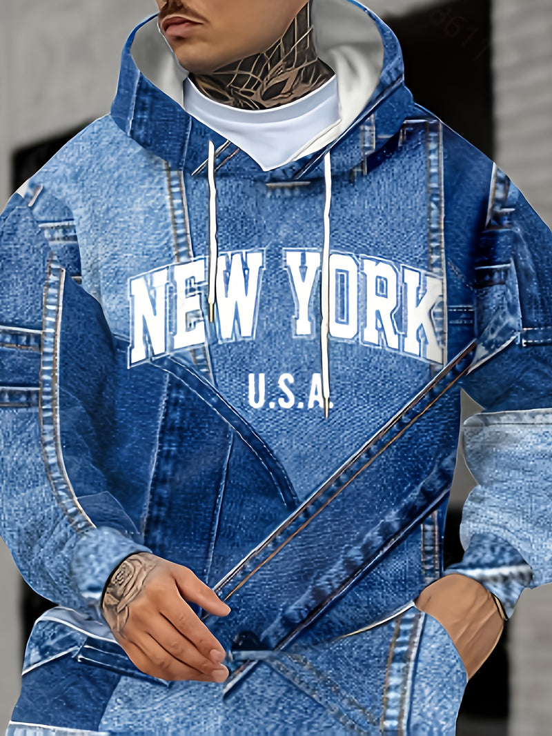 Men's Autumn Lettered Faux Denim Effect Hoodie And Sweatpants Two-Piece.