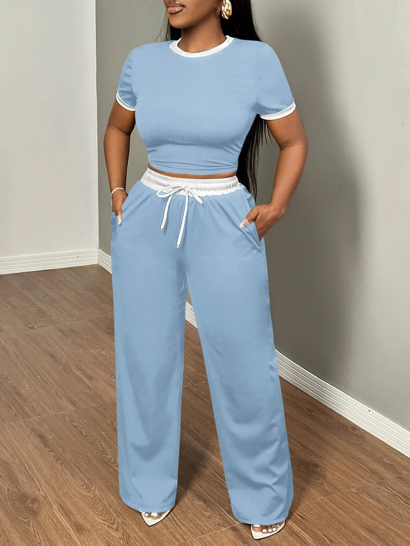 Women's Sexy Color Block Short-Sleeved T-Shirt And High-Waisted Belt Bandage Trousers.