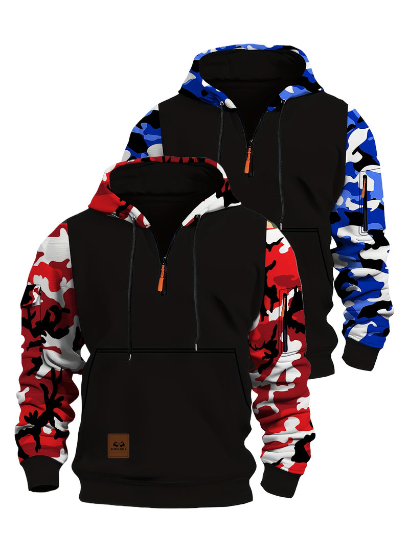 Men’s A Set of Two Trendy Camouflage Hoodies with a Half-Zip Design.