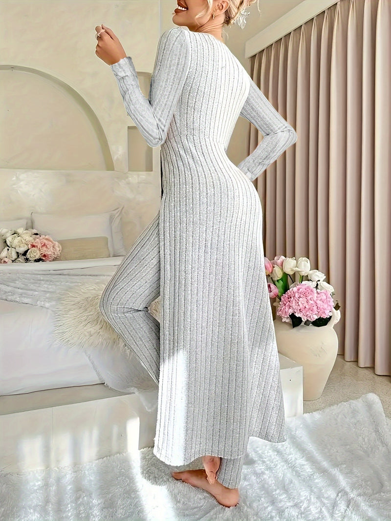 2pcs Women's Designer Round Neck Split Long Sleeve Top and Pants.