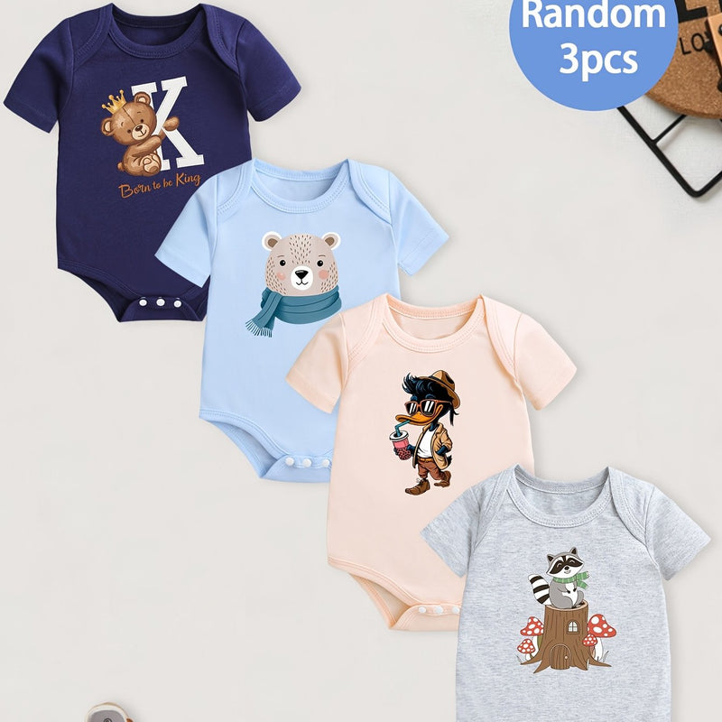 3pcs Set of Random Pattern Boys Short-Sleeve Romper Bodysuits.