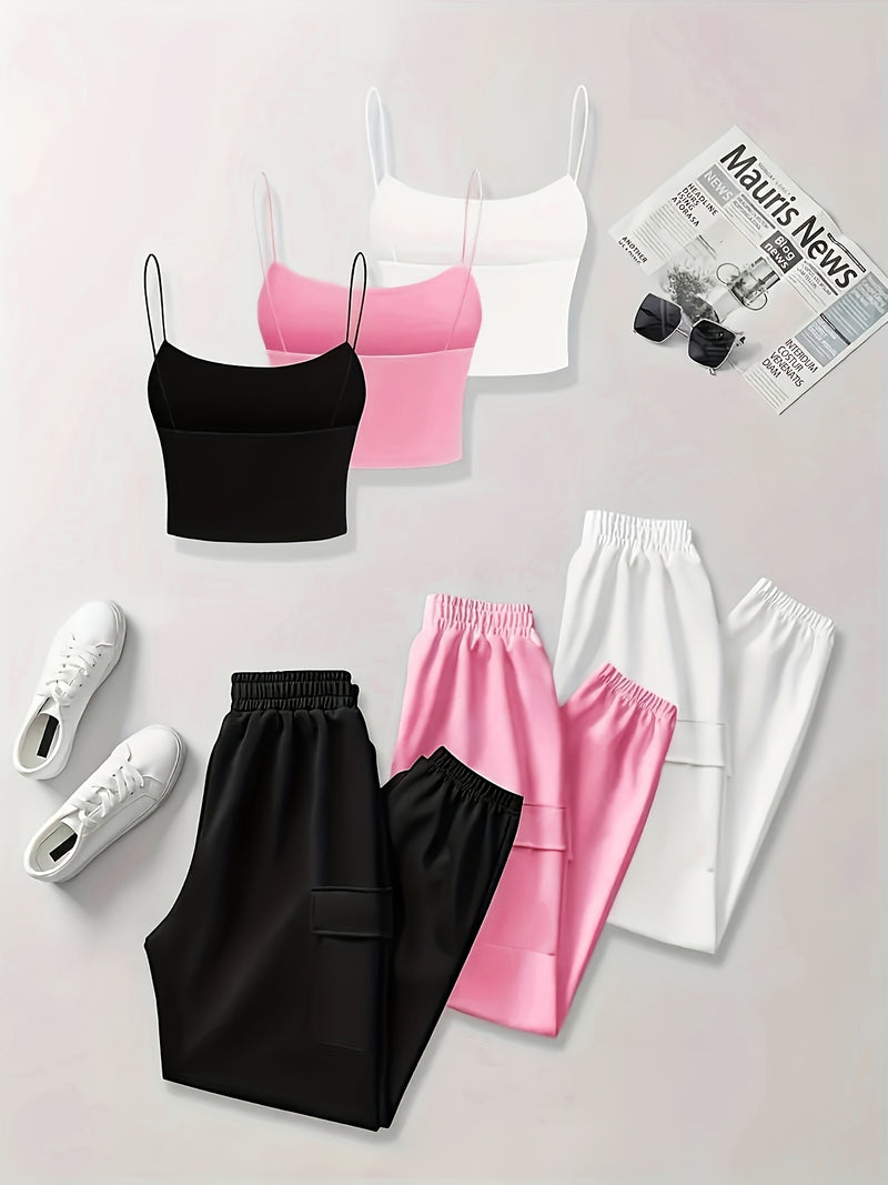 Set of 6 Items Including a Women's Thin Strap Tank Top And Solid Color Long Pants.