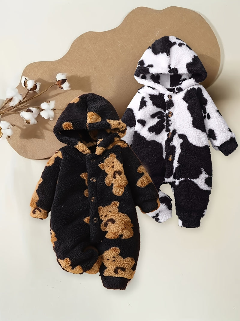 2pcs Boys Winter Warm Plush Hooded Jumpsuit & Snowsuit Set.