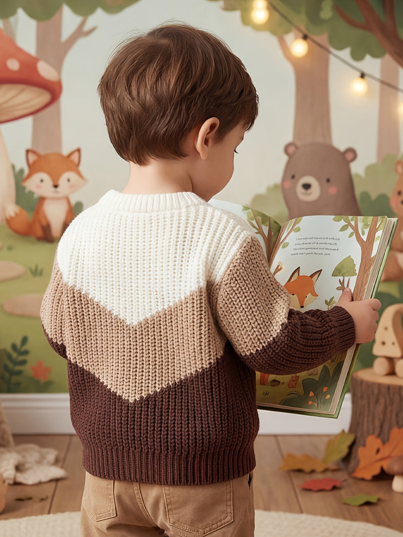 Baby Retro Tricolor Color Blocking Knitted Cardigan.