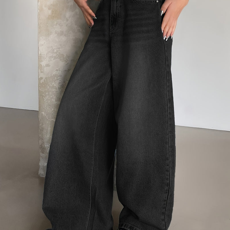 Women's New Washed Blue Wide-Leg Ultra-Long Floor-Length Ripped Loose-Fit Wide-Leg Casual Jeans.