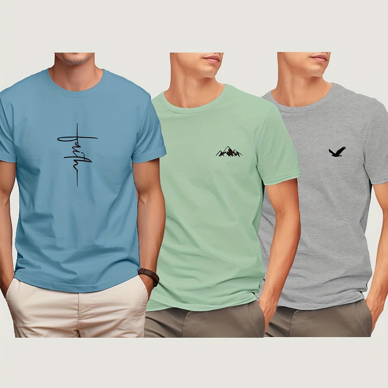 3pcs Cotton Men's Short Sleeve Printed T-Shirt.