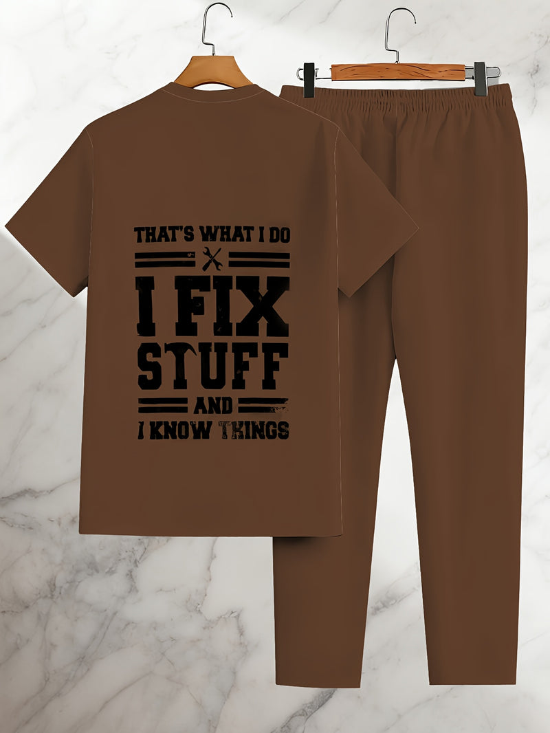 Men's Casual Sports Brown Letter Print Set.