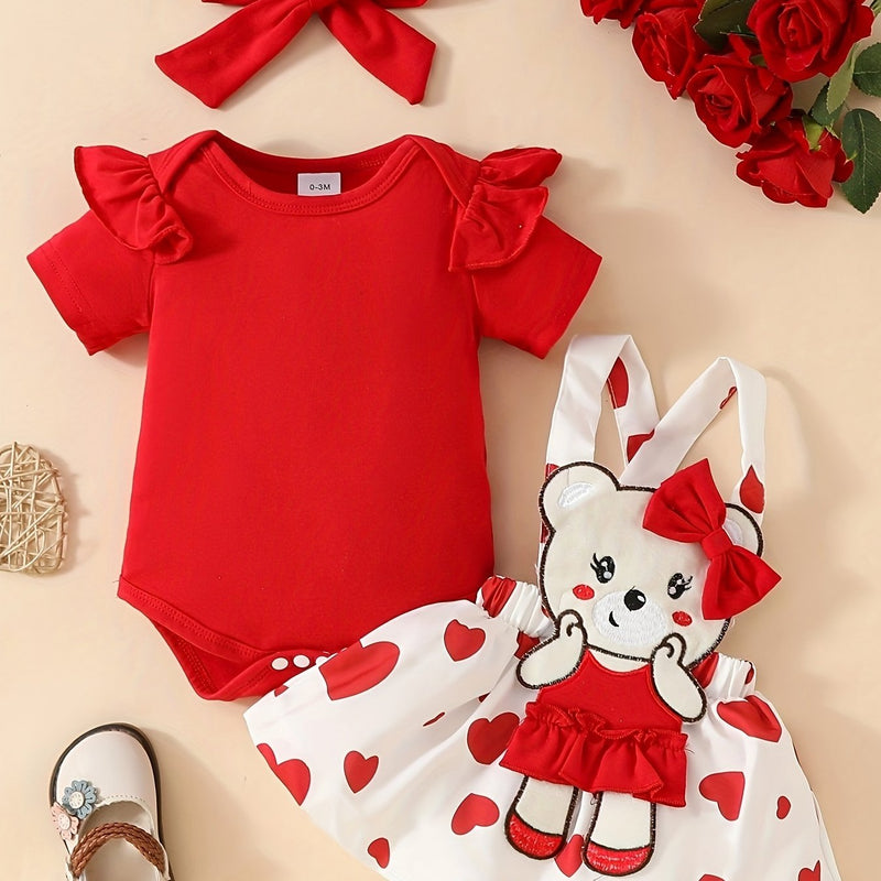 3pcs Cute Bear Heart Pattern Short Sleeve Top and Skirt Set.
