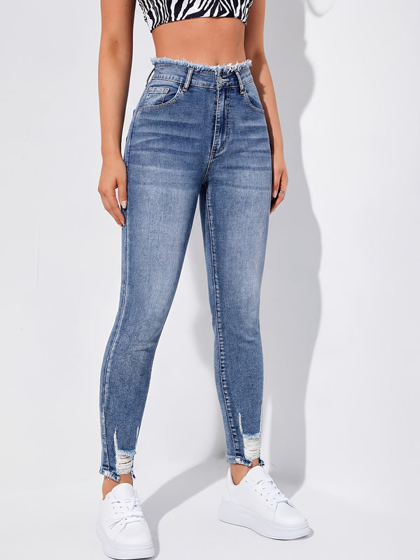 Women's Ripped Skinny Jeans with Frayed Edges.