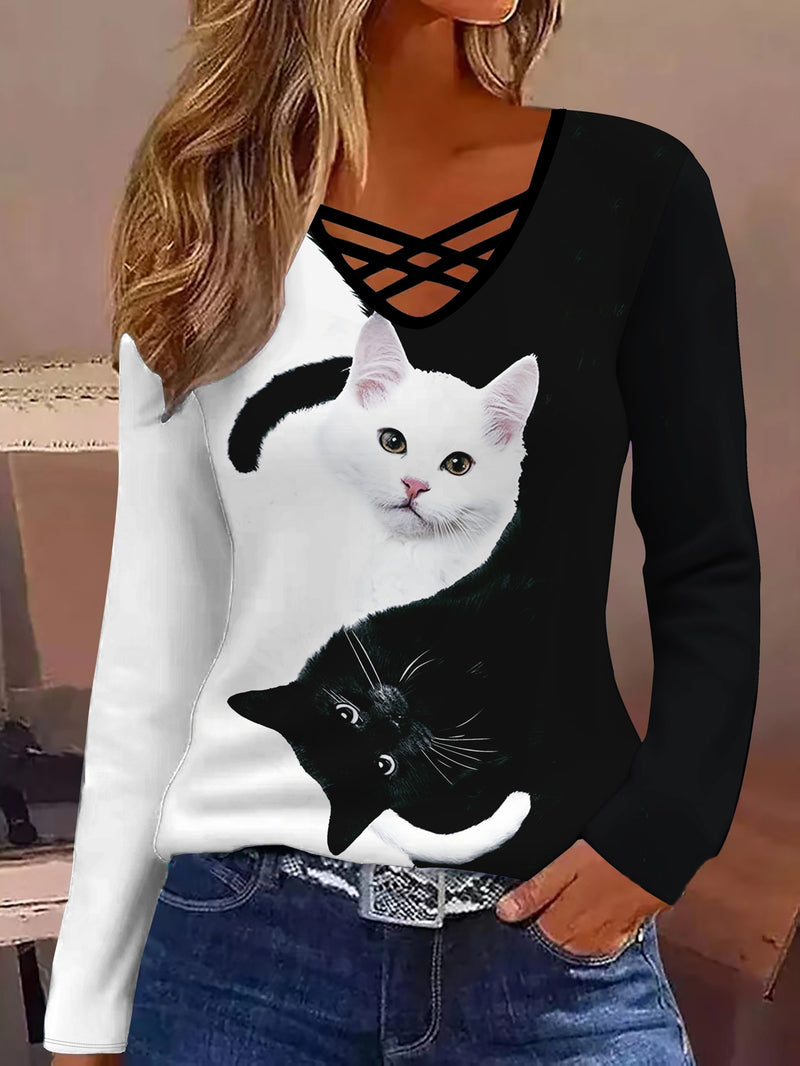 Elegant Women's V-Neck Cross Strap Printed Long Sleeve T-Shirt.