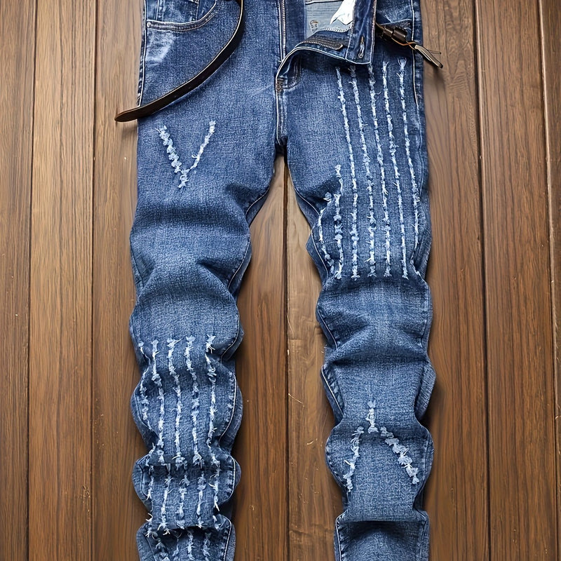 Blue Men's Slim Fit Fashion Multi-Technique Stretch Jeans.