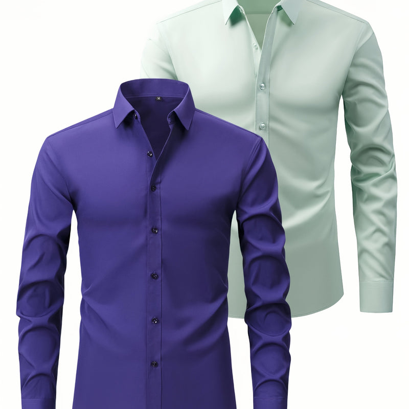 Two-Piece Set of Men's Solid Color Elastic Shirts.