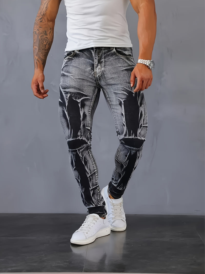 Men's Slim-Fit Stretch Denim Jeans with Irregular Tie-Dye Design.