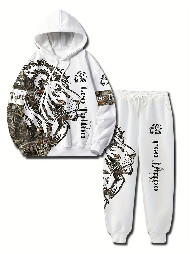 Polyester Hooded Tracksuit Set for Men - Casual Geometric Lion Print.