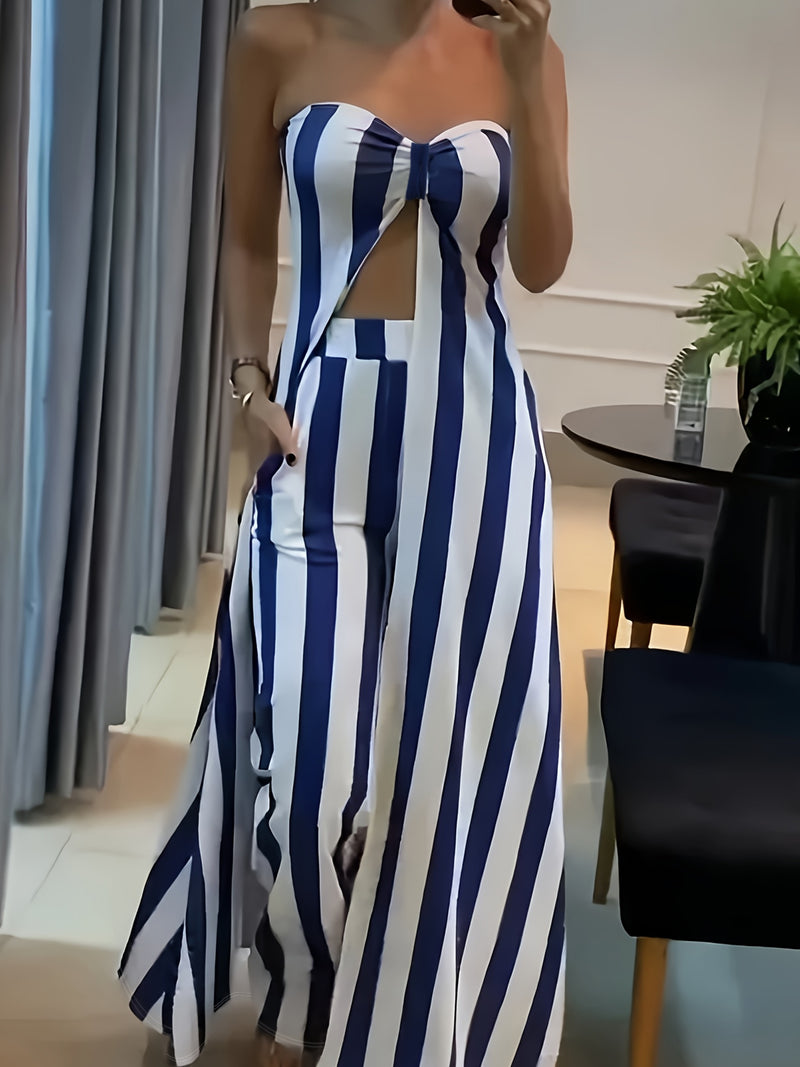 Women's Off-Shoulder Pantsuit with Side Pockets, Featuring Striped Prints.