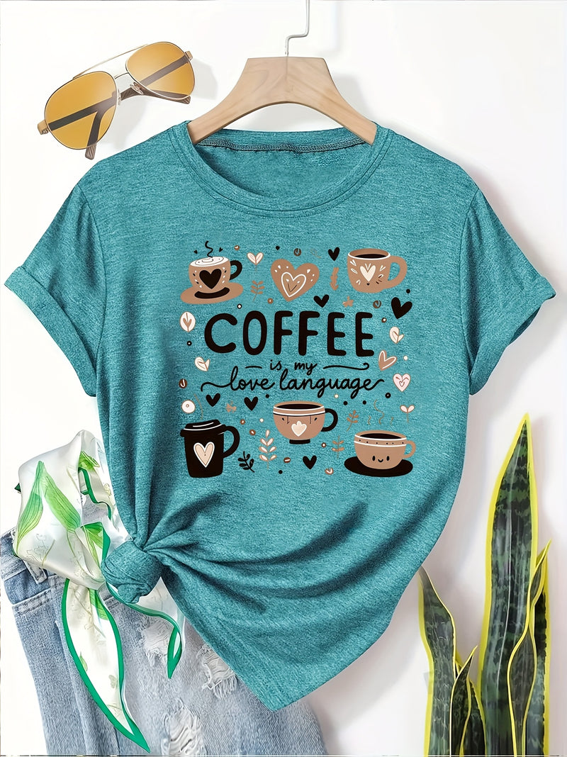 Elegant Women's Short-Sleeve T-Shirt with Coffee-Themed Prints.