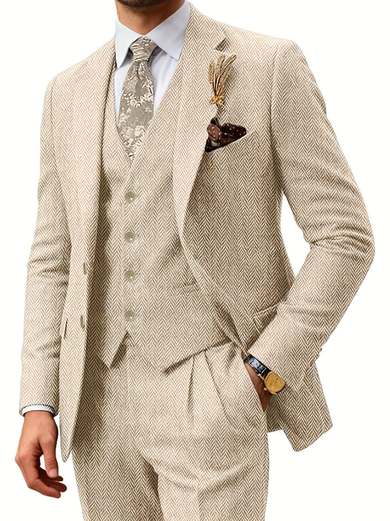 Men's Three-Piece Suit Made of Blended Herringbone Fabric.