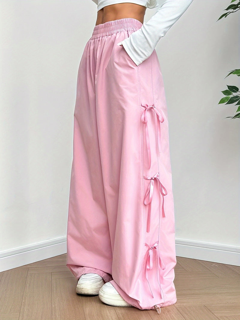 Women’s Elastic Waist Suitable for Spring, Wide-Leg Pants with Side Bow.
