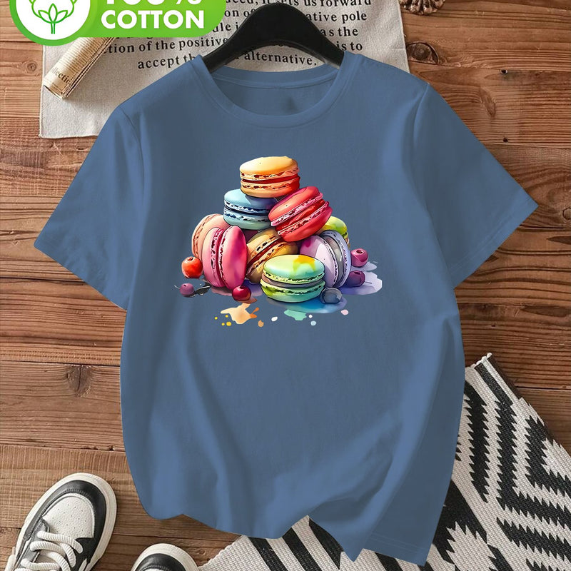 Women's Stylish Macaron Print Round Neck Short Sleeve T-Shirt.