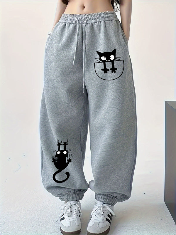 Women’s New Style, Cat Print Design, Solid Color Loose-Fitting Cuffed Joggers.