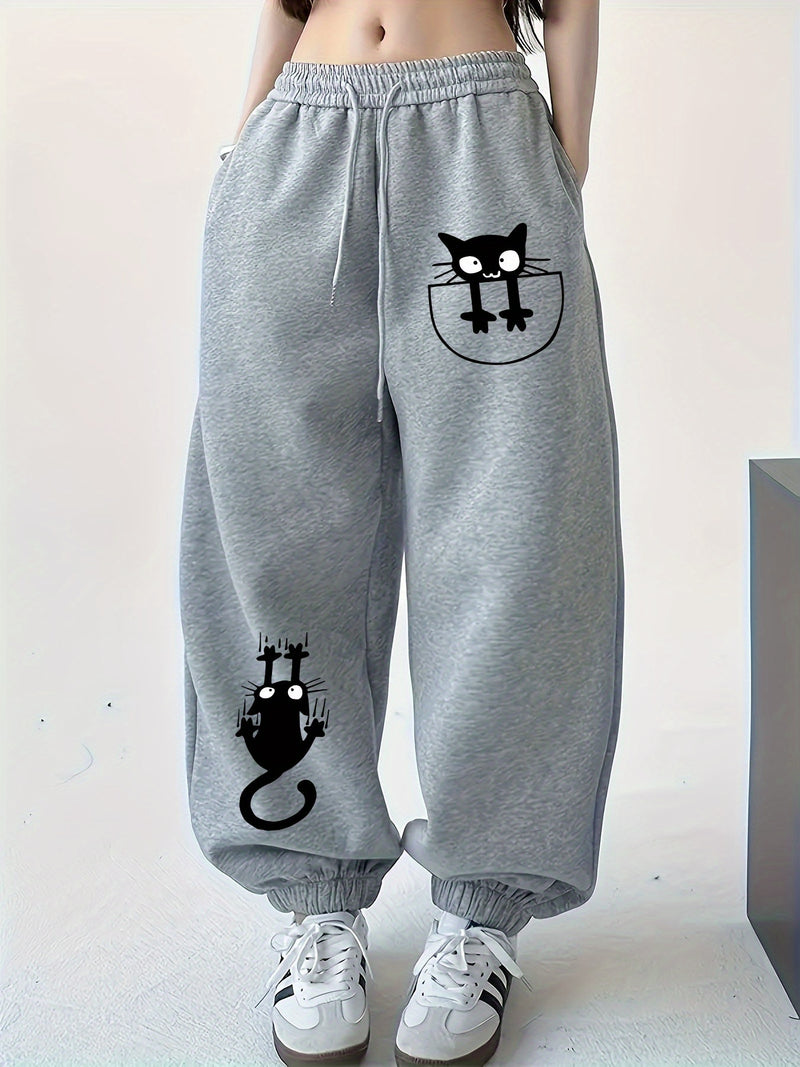 Women’s New Style, Cat Print Design, Solid Color Loose-Fitting Cuffed Joggers.