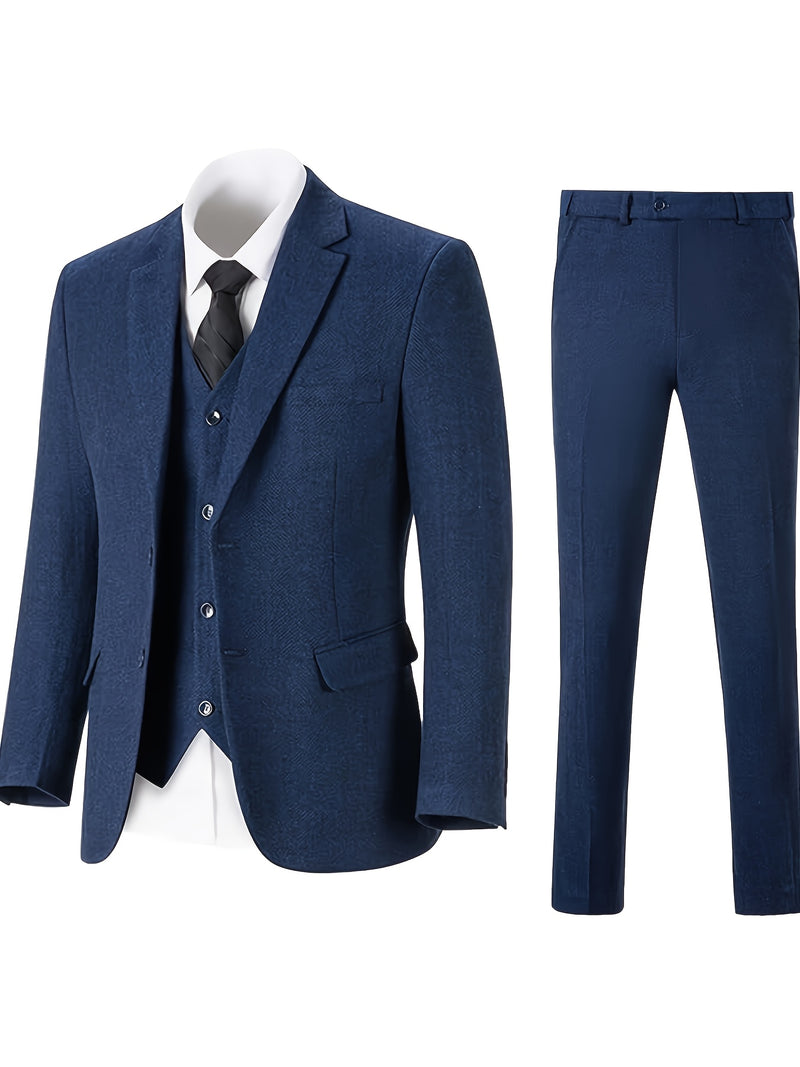 Men's Three-Piece Suit Made of Blended Herringbone Fabric.