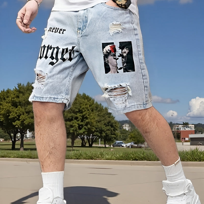 Men's Denim Shorts, Light Blue, Perforated Design, Printed, Loose Fit, Non Stretchy.