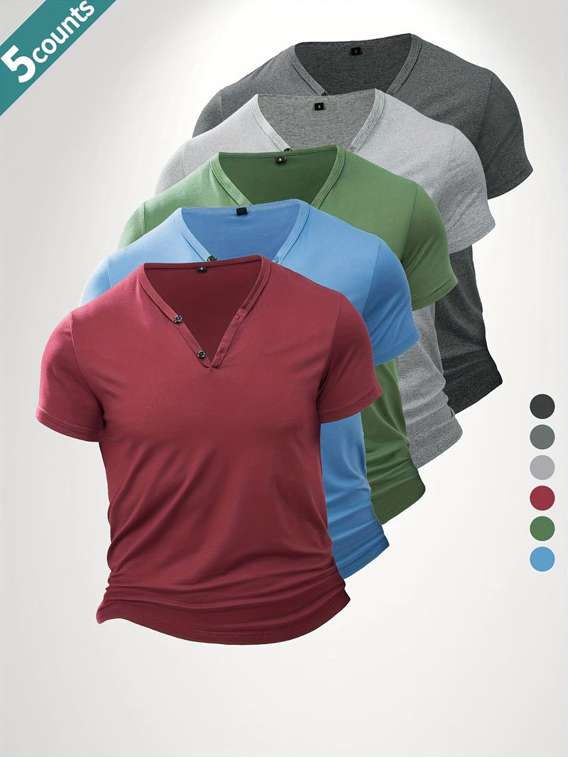 5pcs Men'S Casual V-Neck Short Sleeve T-Shirts.