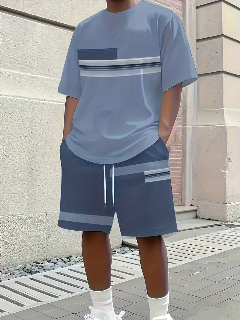 1 Set of 2pcs Men's Casual Outfit, Round-neck T-shirt + Shorts Set.