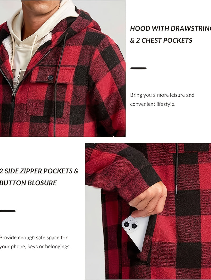 Men's Warm Jacket with Sherpa Lining, Plaid Hooded Zip-Up Winter Coat.