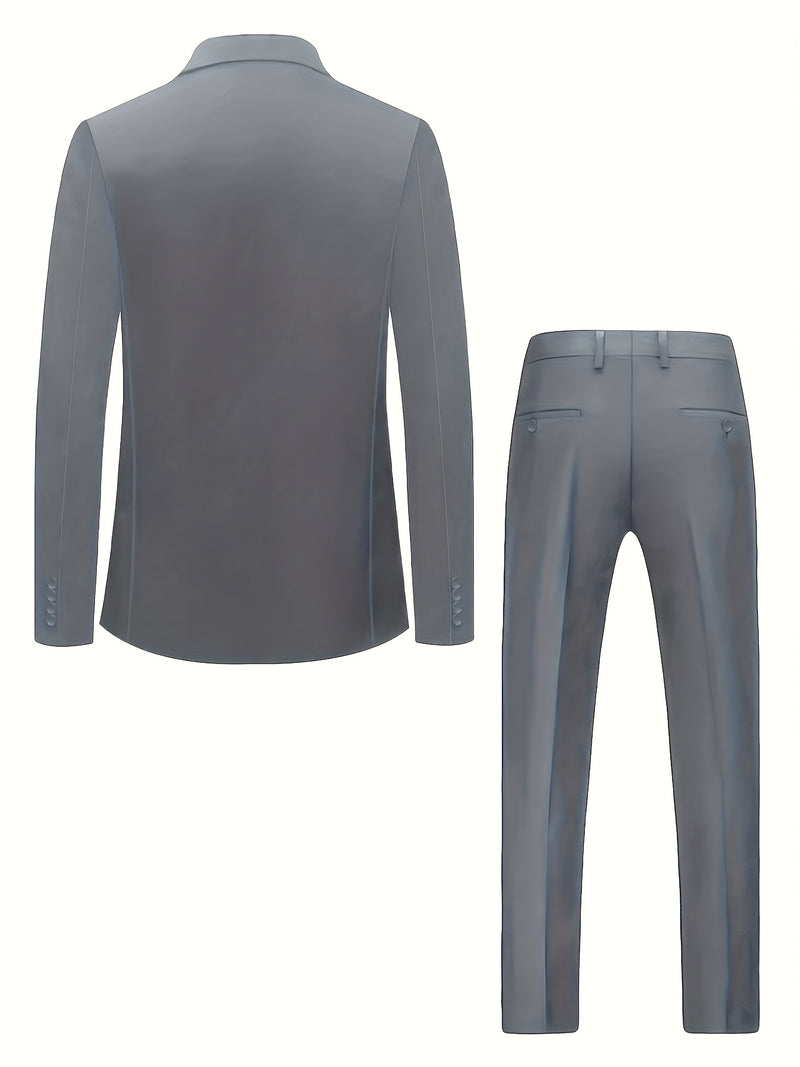 Men's 2pcs Suit, Double-Breasted Notch Lapel Solid Color Blazer and Pants Set.