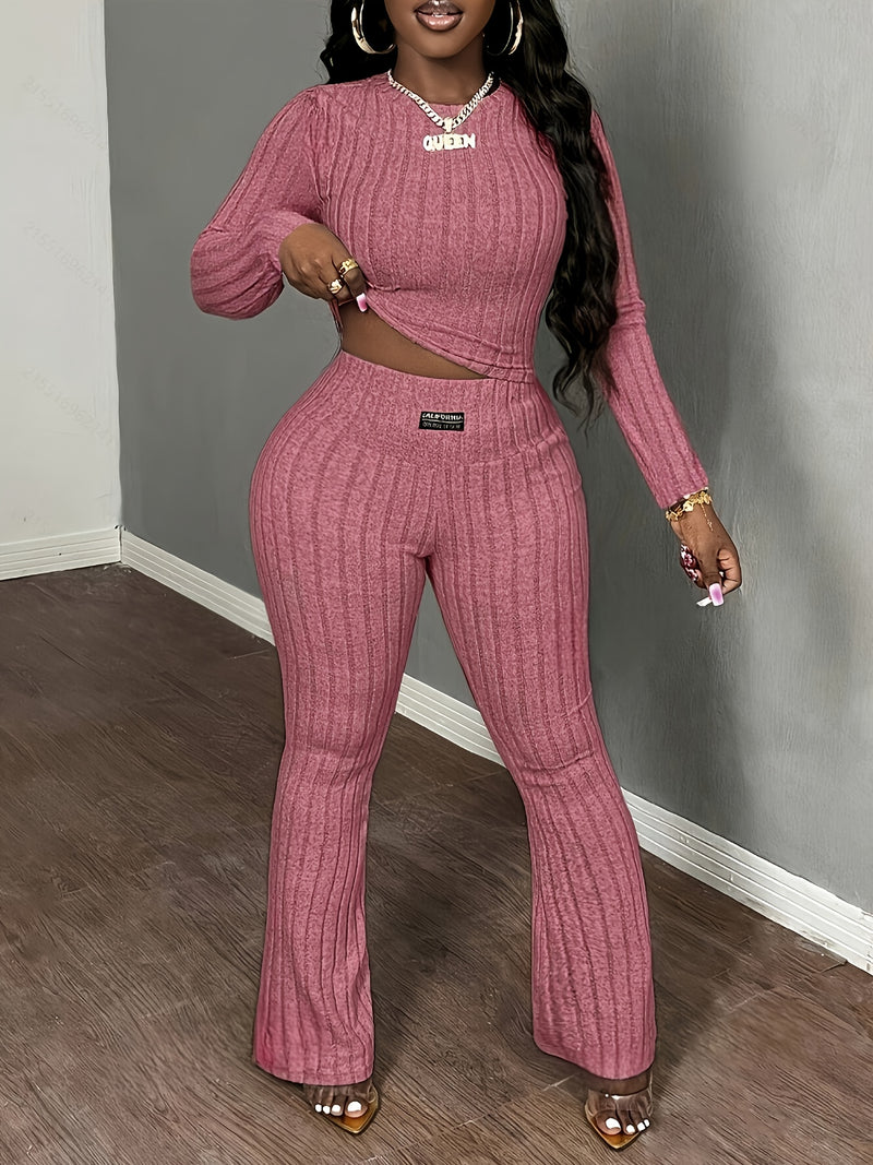 Women's Slim-Fit Round Neck Long-Sleeve T-Shirt and Vertical Stripe Pants.