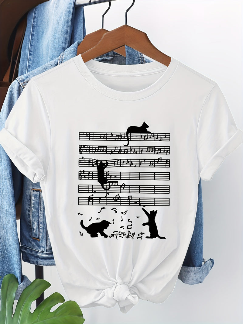 Women's Casual Short Sleeve T-Shirt with Music Note & Cat Print.