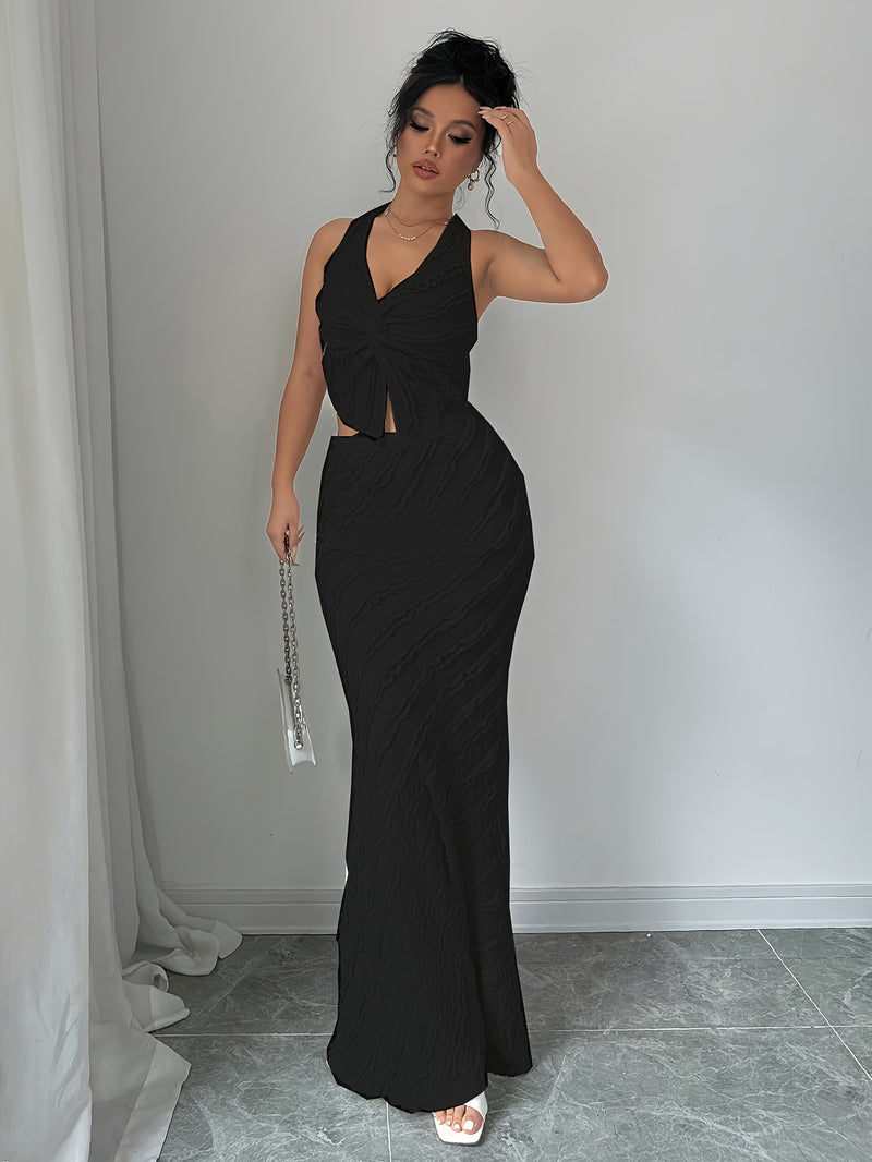 Women's 2pcs Sleeveless V-Neck Twist Halter Backless Bodycon Mermaid Dress.