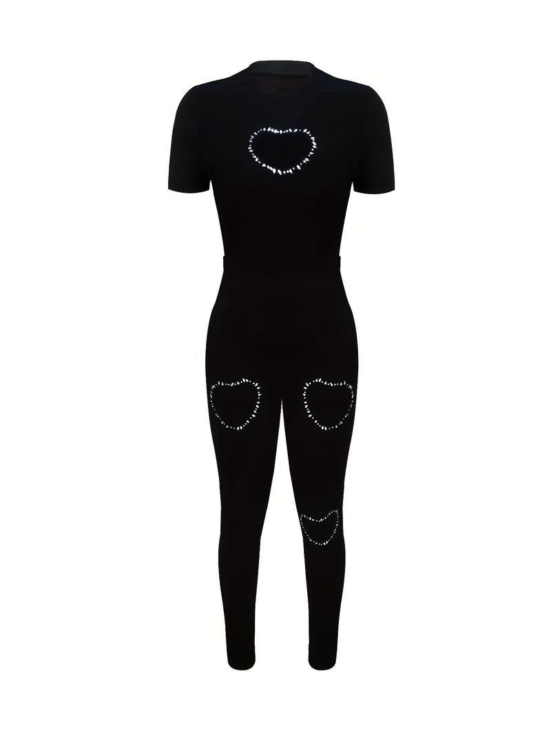 Women’s Solid Color Heart Rhinestone Short Sleeve Set.
